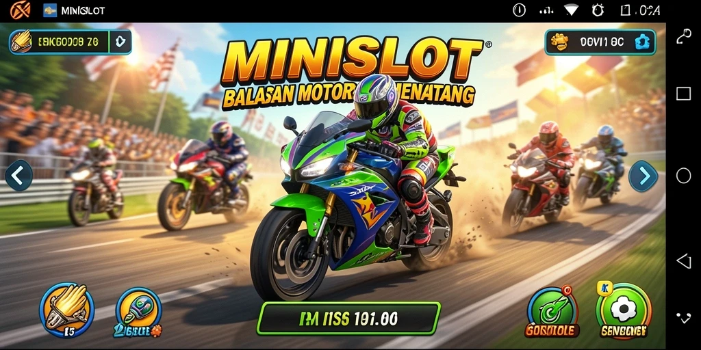 Tampilan menarik gameplay MINISLOT dengan balapan motor yang mendebarkan.